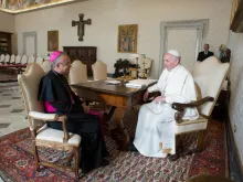 Archbishop Edgar Peña Parra meets with Pope Francis in Vatican City on Aug. 17, 2018.