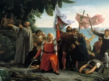 Painting by Dióscoro Puebla depicting the arrival of Christopher Columbus in America, on Oct. 12, 1492.