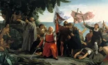 Painting by Dióscoro Puebla depicting the arrival of Christopher Columbus in America, on Oct. 12, 1492.