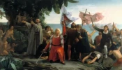 Painting by Dióscoro Puebla depicting the arrival of Christopher Columbus in America, on Oct. 12, 1492.