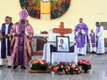 Bishop Willy Ngumbi Ngengele of the Goma Diocese presides over the Oct. 1, 2024, funeral Mass for Edmond Bahati Mbarushimana, a Catholic journalist in the Democratic Republic of Congo who was murdered Sept. 27.