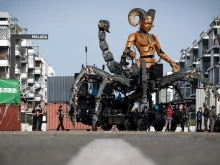 Operators work on Lilith, the “guardian of darkness,” built for the Hellfest metal festival in Toulouse, southwestern France, on Oct. 15, 2024. “Lilith” is one of the characters in the urban opera of the French company La Machine titled “The Guardian of the Temple Opus II: The Portal of Darkness,” which will be presented on Oct. 25–27, 2024, in Toulouse.