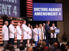 Florida Gov. Ron DeSantis, appearing with medical doctors, holds a press conference on Oct. 22, 2024, to speak in opposition to Amendment 4, which would add a right to abortion before the point of viability to Florida’s constitution.