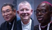 Cardinals-elect Archbishop Tarcisio Isao Kikuchi, SVD; Archbishop Jaime Spengler, OFM; and Archbishop Ignace Bessi Dogbohe discuss the contributions of the Church outside Europe during a Synod on Synodality press briefing on Oct. 8, 2024.