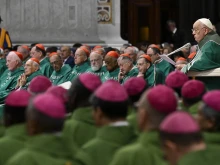 Pope Francis addresses bishops gathered in St. Peter’s Basilica at the Vatican for the Synod on Synodality closing Mass on Oct. 27, 2024.