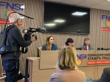 Lawyer Laura Sgro, left, sits with Gloria Branciani, center, and Marjiam Kovač during a press conference in Rome on Feb. 21, 2024. Branciani and Kovač allege that they were subjected to spiritual, psychological, and sexual abuse by famous mosaic artist Father Marko Rupnik.