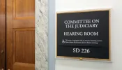 A sign at the entrance to a Senate Judiciary Committee hearing room in Washington, D.C.