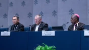 Cardinals-elect Archbishop Tarcisio Isao Kikuchi, SVD; Archbishop Jaime Spengler, OFM; and Archbishop Ignace Bessi Dogbo answer questions during a Synod on Synodality press briefing on Oct. 8, 2024.