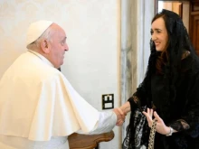 Pope Francis receives the vice president of Argentina, Victoria Villarruel, on Oct. 14, 2024, in a meeting in the Apostolic Palace at the Vatican. The two discussed the situation in the country and exchanged gifts in an atmosphere of “great affection,” according to an official statement.