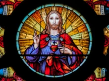 The Sacred Heart is at the center of a rose window in Santa Ifigênia Church, São Paulo, Brazil.