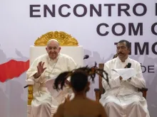 Pope Francis speaks at the Dili Convention Center in East Timor, Wednesday, Sept. 11, 2024.